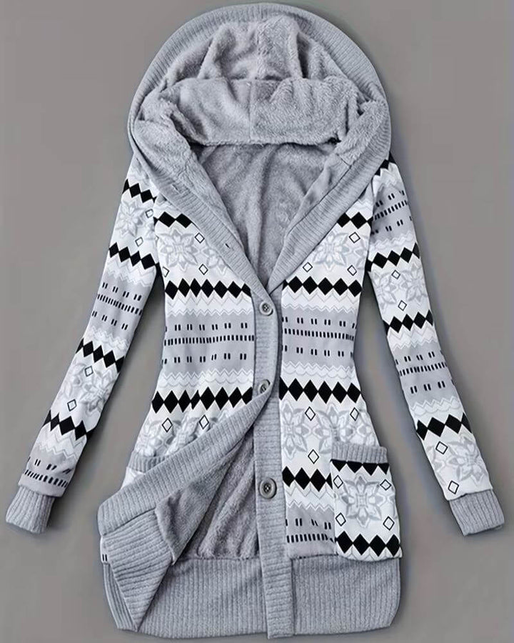 Lotte™ – Gemütliche Kapuzen-Strickjacke mit geometrischem Wintermuster