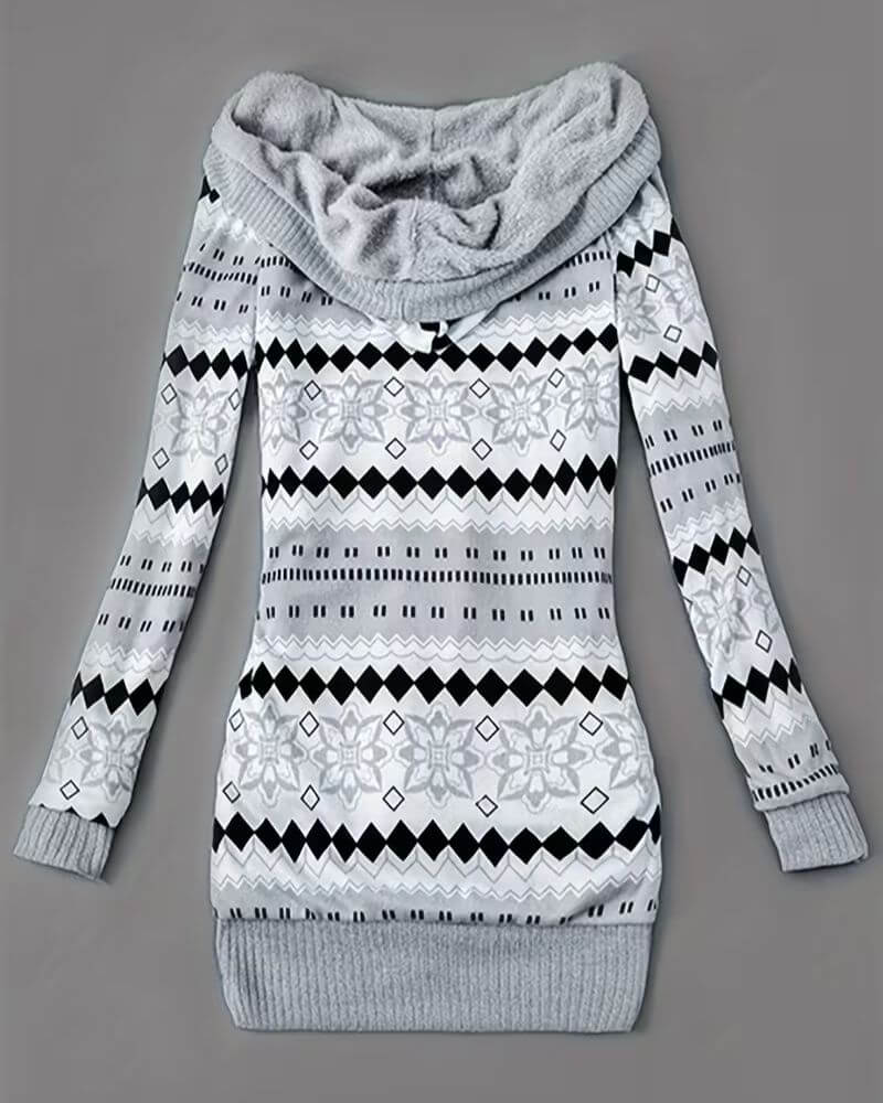 Lotte™ – Gemütliche Kapuzen-Strickjacke mit geometrischem Wintermuster
