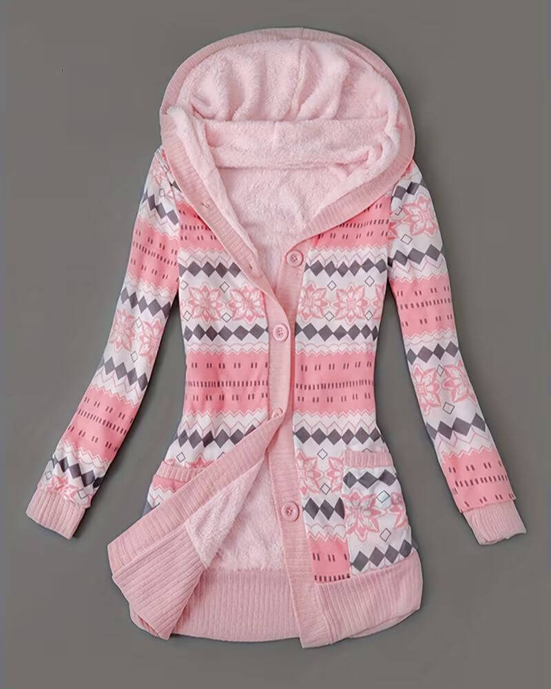 Lotte™ – Gemütliche Kapuzen-Strickjacke mit geometrischem Wintermuster