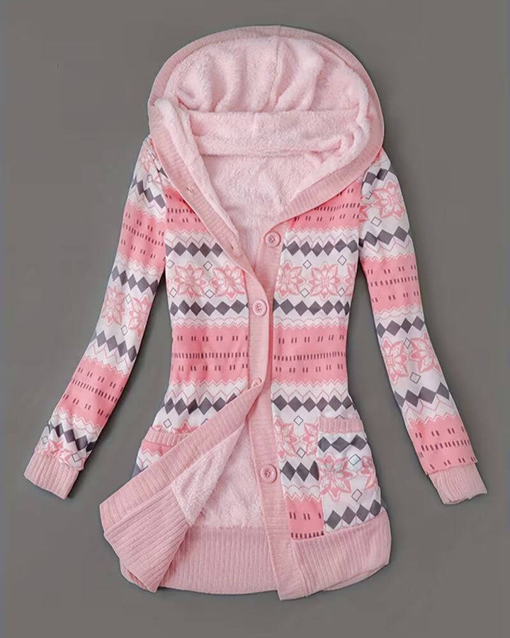 Lotte™ – Gemütliche Kapuzen-Strickjacke mit geometrischem Wintermuster
