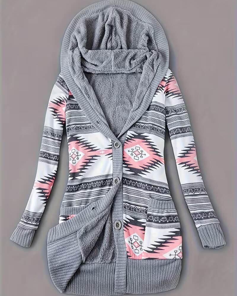 Lotte™ – Gemütliche Kapuzen-Strickjacke mit geometrischem Wintermuster