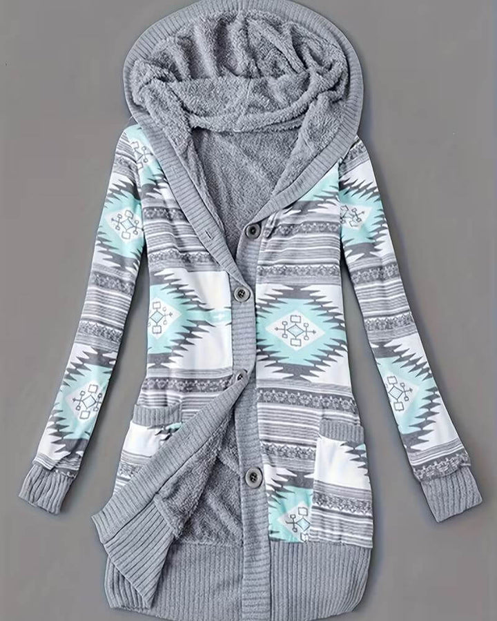 Lotte™ – Gemütliche Kapuzen-Strickjacke mit geometrischem Wintermuster