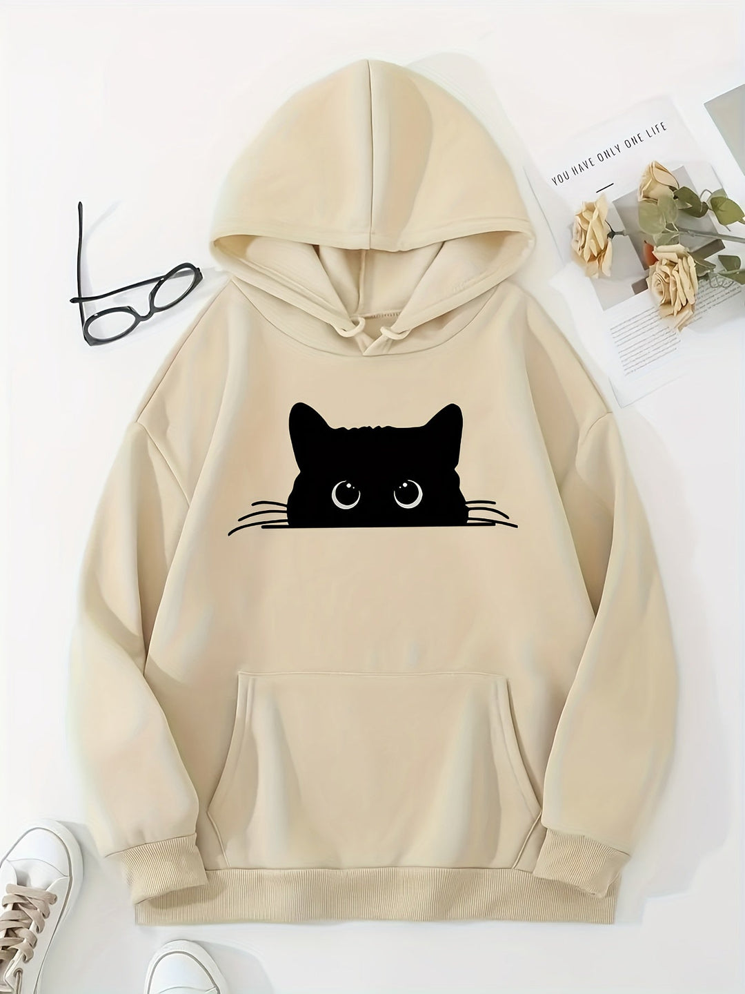 Heidi-Mode | Sweat Pullover Hoodie mit Katzenprint und Kapuze für Frauen Perfekt für lässige Tage